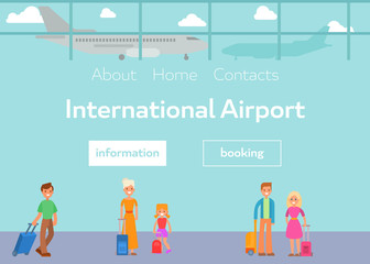 Tourists in international airport terminal with luggage vector illustration. Cartoon flat passengers and booking at airport web template.