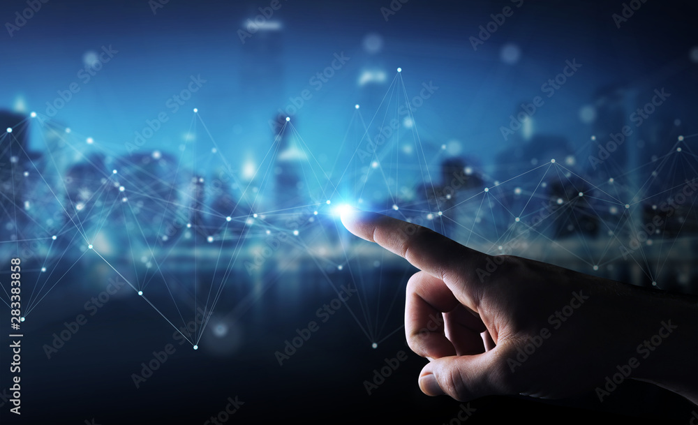 Poster businessman using floating digital network connections with dots and lines 3d rendering