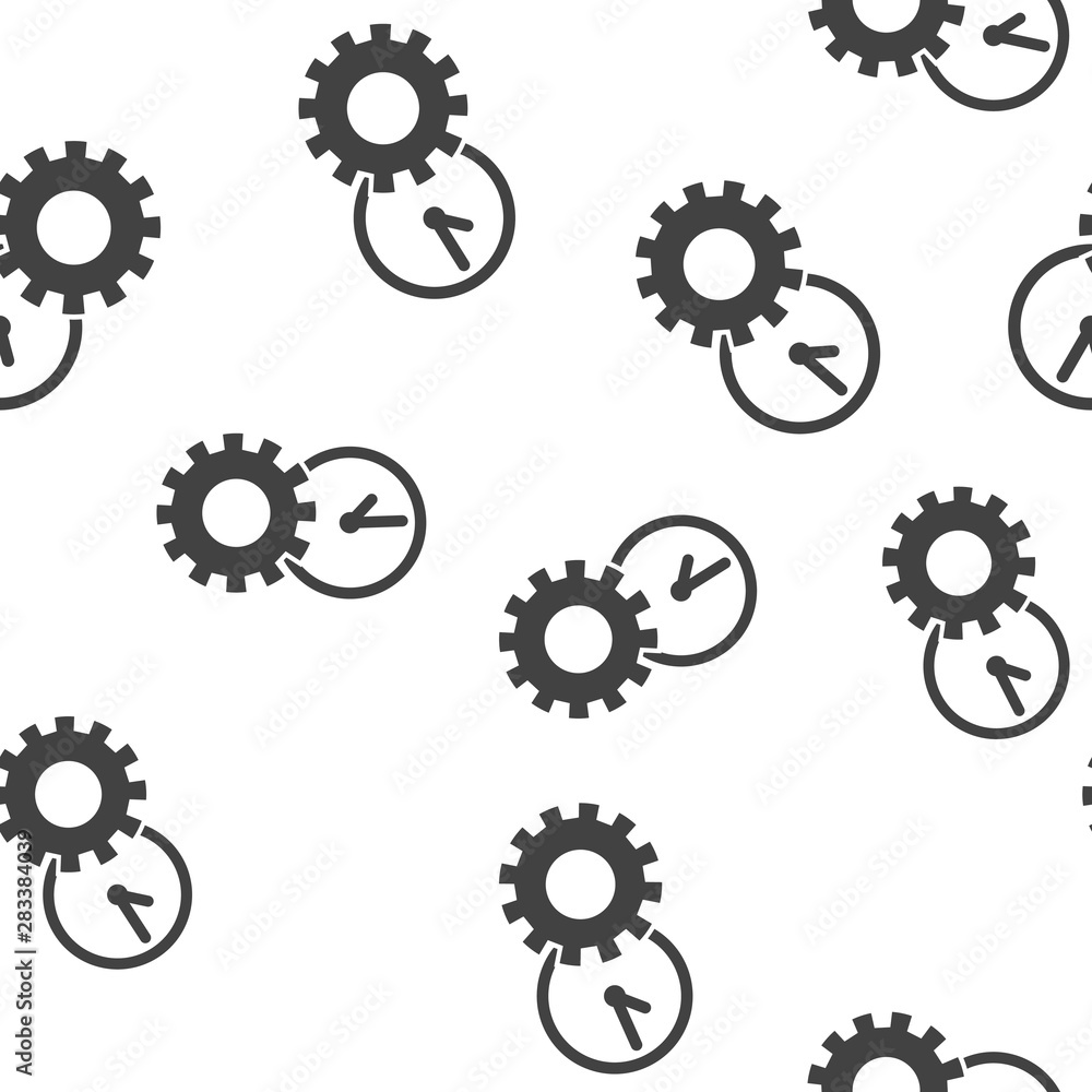 Poster vector icon gears wheel and clock the working process. illustration gears in motion seamless pattern