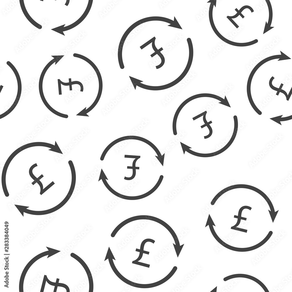 Poster vector circle icon with arrow and pound sign. currency exchange symbol seamless pattern on a white b