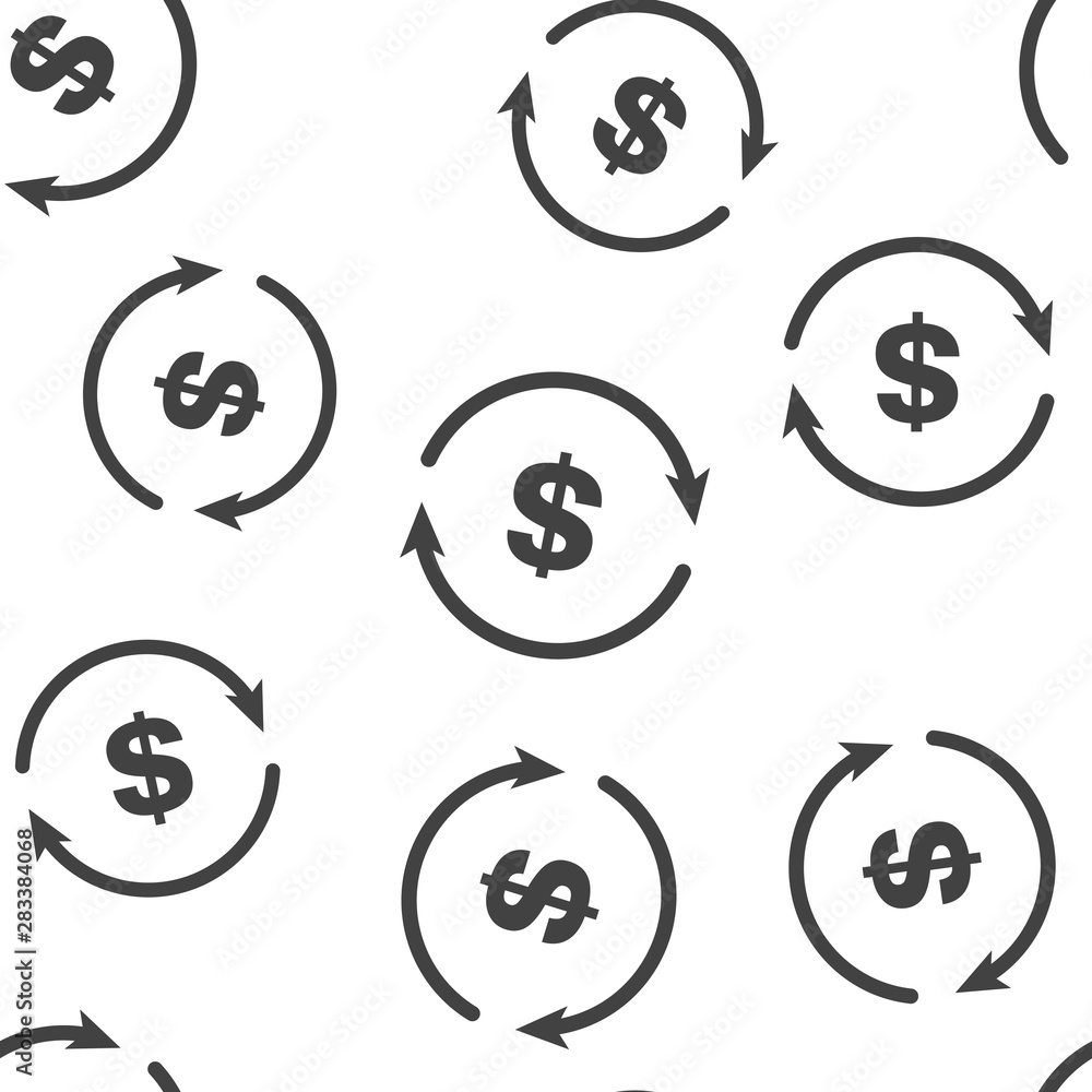 Poster vector circle icon with arrow and dollar sign. currency exchange symbol seamless pattern on a white 