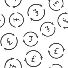 Vector circle icon with arrow and pound sign. Currency exchange symbol  seamless pattern on a white background.