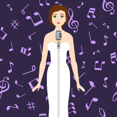 Woman singer in luxury white dresson musical notes with dark background vector cartoon illustration. Theater or opera singer. Singing songs.