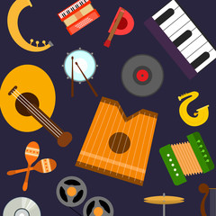 Musical instruments vector pattern of orchestra harp, contrabass and piano, maracas, saxophone and gramophone, jazz trumpet, acoustic guitar and other musical instruments.