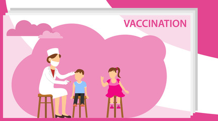Vaccination of children. Woman doctor makes vaccination to children. Vector illustration of vaccination