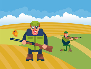 Cartoon hunters vector illustration. Various characters of hunters at action poses. Hunting character with gun rifle, male with shotgun on green field background