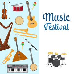 Musical instruments vector illustration. Set of musical instruments trumpet, record, piano and guitar, xylophone, guitar, drum and arpha for music concert or festival poster.