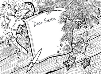 Christmas coloring antistress, for adults and children. Letter to Santa Claus, with place for an inscription or drawing.