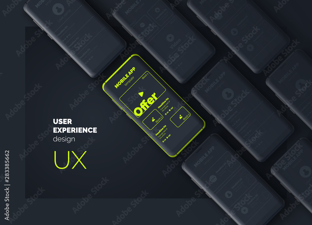 Poster user experience. user interface. mobile phone on a black background with interface pages. ui ux temp