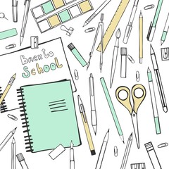Back to school. Stationery for school and office. Pens, pencils, paints,scissors, glue.  Vector background
