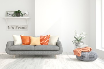 Stylish room in white color with sofa. Scandinavian interior design. 3D illustration
