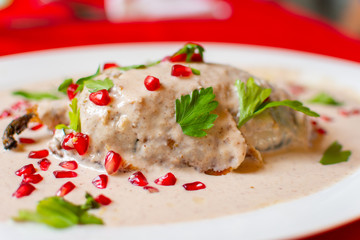 Mexican Food traditional healthy Chiles en Nogada, traditional Mexican cuisine in Puebla Mexico black background - Imagen