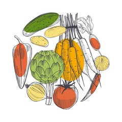 Hand drawn vegetables in a circle on white background. Vector sketch  illustration.