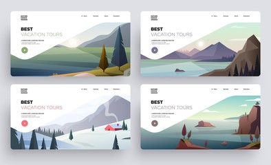 Collection of landing page templates. Modern landscape backgrounds. Best vacation tours commercial