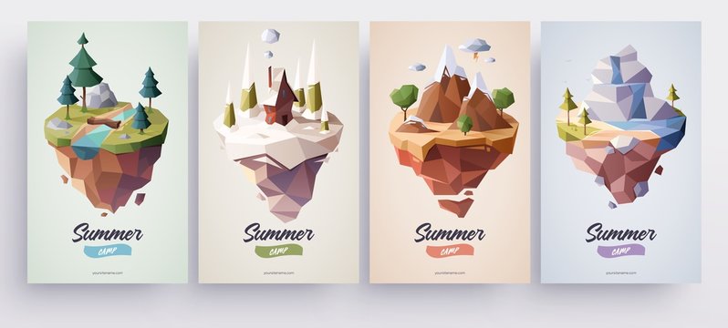 Low polygonal geometric nature islands. Vector Illustration, low poly style. Background design for banner, poster, flyer, cover, brochure.