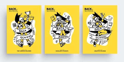 Set of Back to School greeting cards, posters or flyers. Cute happy children ready go back to school. Vector illustration