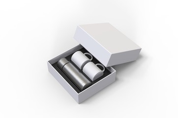 Blank stainless steel flask with two coffee mug in a box for branding. 3d render illustration.
