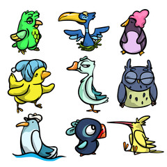 Cute funny colorful birds with different emotions.