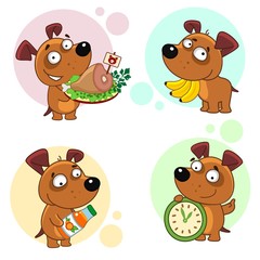 Set of dogs icons for design. Dogs and their mode and food. Puppy with bananas, meat, juice and a clock.