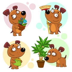 Fototapete Affe Set of dog characters. The dog stands with a potted flower, with a mop, about to clean, with a wallet.