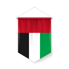 Vertical Pennant Flag of United Arab Emirates as Icon on White with Shadow Effects. Patriotic Sign in Official Color and Flower Flag with Metallic Poles Hanging on the Rope design