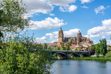Salamanca Old and New Cathedrales reflected on Tormes River, Spain