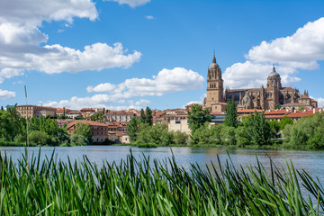 Salamanca Old and New Cathedrales reflected on Tormes River, Spain