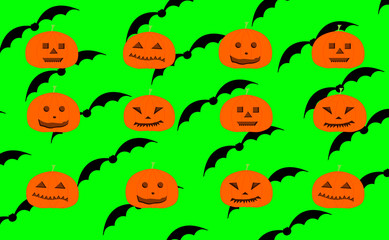 Seamless texture. Repeating pattern of carved Halloween pumpkins and silhouette of bats on green background.