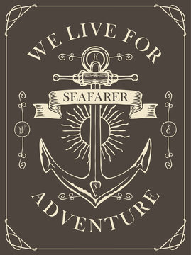 Retro banner with a ship anchor, wind rose and sun. Vector illustration on the theme of travel, adventure and discovery