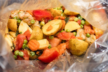 delicious vegetarian vegetable dish in the oven baked bag. Dietary food. top view