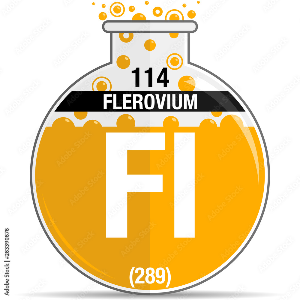 Sticker Flerovium symbol on chemical round flask. Element number 114 of the Periodic Table of the Elements - Chemistry. Vector image - Stickers