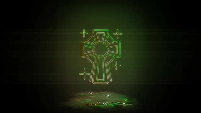 Cross, religion in neon color effect mp4 video. St Patrick day on dark background