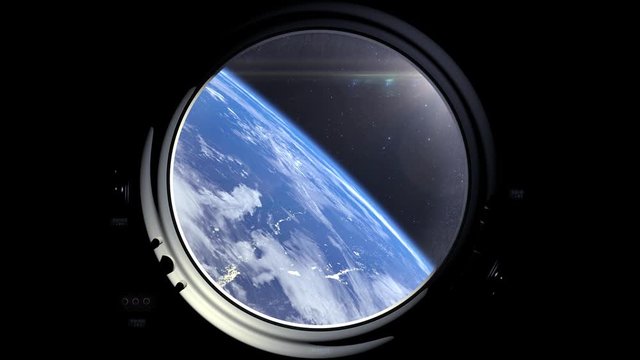 The spaceship flies away. Earth's horizon is turning left. Realistic atmosphere. 3D Volumetric clouds. Space.