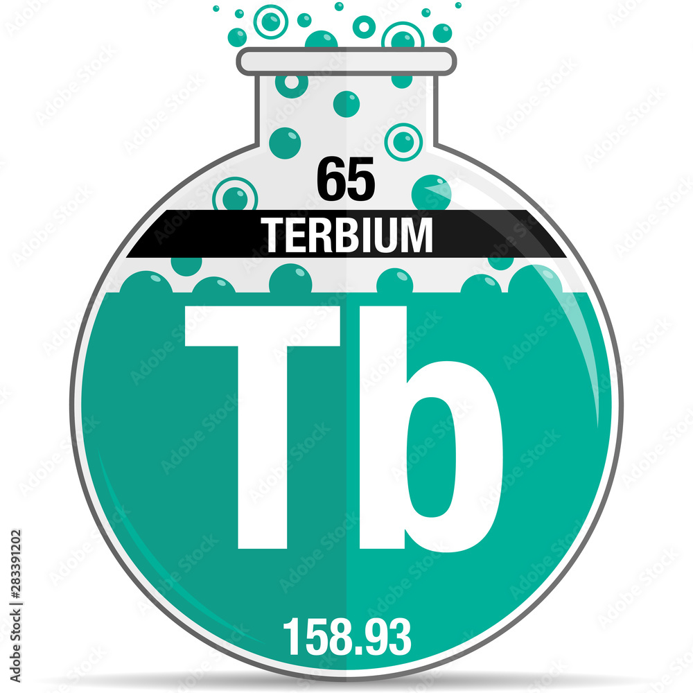 Sticker Terbium symbol on chemical round flask. Element number 65 of the Periodic Table of the Elements - Chemistry. Vector image - Stickers