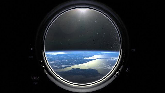 The spaceship flies away. Earth in the porthole window moves away. Realistic atmosphere. 3D Volumetric clouds. Space.