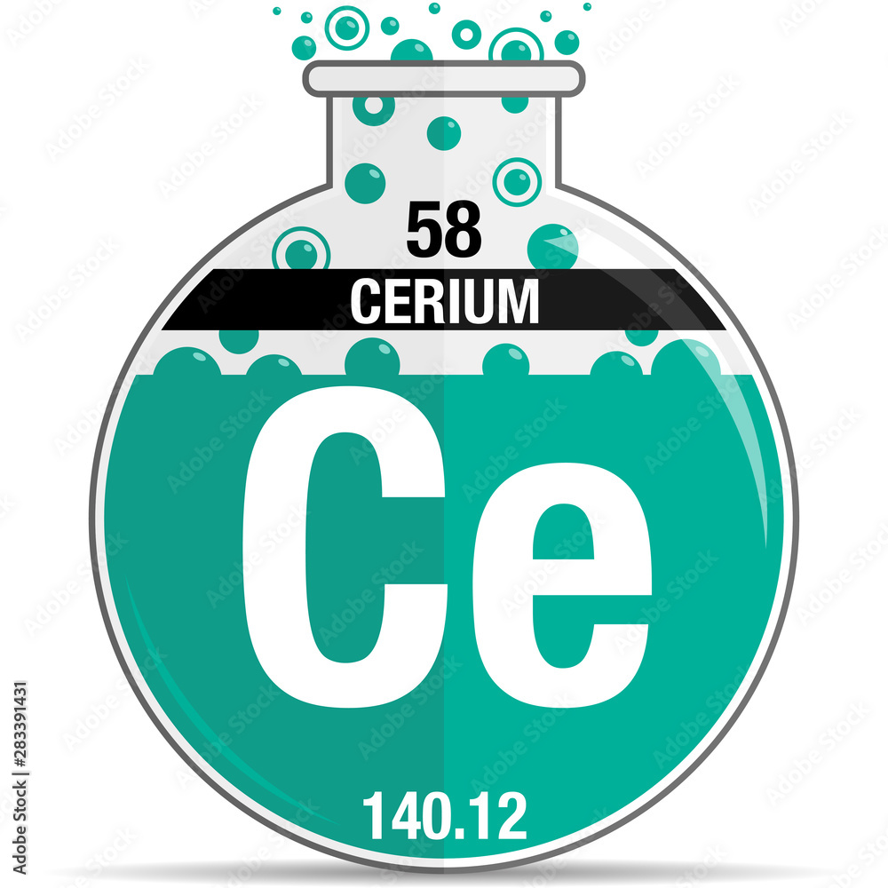 Poster Cerium symbol on chemical round flask. Element number 58 of the Periodic Table of the Elements - Chemistry. Vector image - Posters