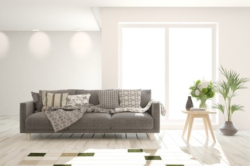 Stylish room in white color with sofa. Scandinavian interior design. 3D illustration