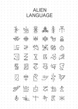Unknown alphabet, Alien hieroglyphics symbols. Fictional characters suitable for magic characters, runes, UFO language, encrypted code. Vector unknown language alphabet