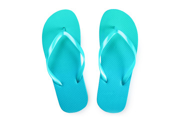 Green flip flops isolated on white background. Top view