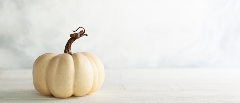 White pumpkin on vintage wooden table. Autumn still life. Halloween or Thanksgiving minimal concept.