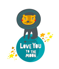 Cute animal on the moon sending love. Vector illustration of funny lion in space.