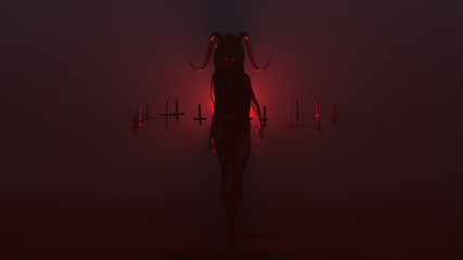 Black Evil Witch Vampire Devil with a Head Dress and Upside Down Floating Crosses Abstract Demon in a Foggy Void  	