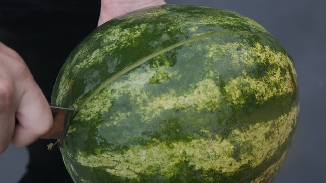 Watermelon put on black background. Hands are holding water melon, knife, cut and separated.