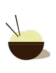 Brown bowl with noodles and chinese sticks