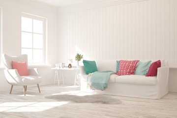 Stylish room in white color with sofa. Scandinavian interior design. 3D illustration