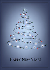 Greeting card for the New Year with Christmas tree made from the luminous garland  