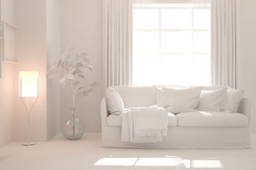 Mock up of stylish room in white color with sofa. Scandinavian interior design. 3D illustration