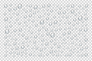 Vector set of realistic isolated water droplets for template decoration and covering on the transparent background.