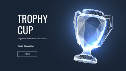 Realistic winner trophy. Polygonal wireframe composition. Concept of gold award for champion. Polygonal abstract isolated on blue background.Particles are connected in a geometric silhouette. Vector
