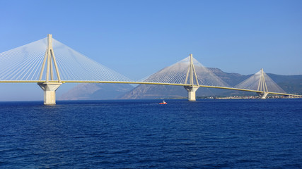Famous modern anti seismic cable bridge of Rio Antirio Harilaos Trikoupis that connects Peloponnese to mainland Greece